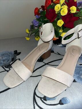 Neutral Suede Block Heel Sandals with Ankle Strap - Beige